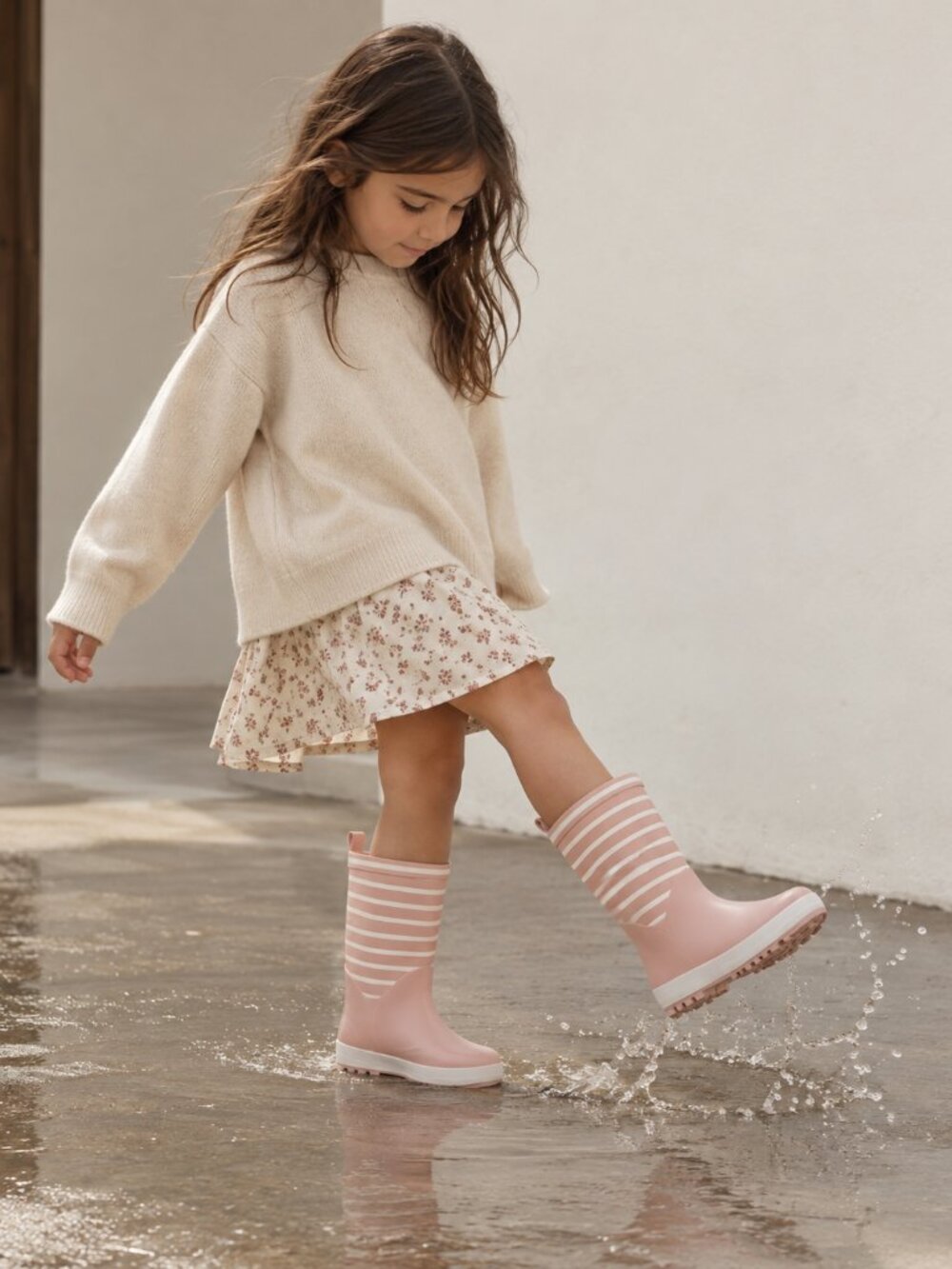 Okaidi Girls Rain Boots US 1 Big Kid EU 32 Pink White Striped Waterproof Wellies